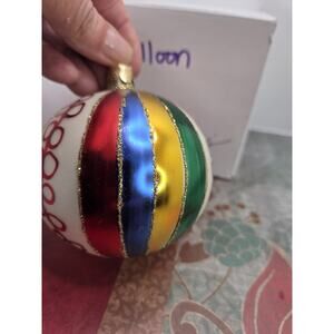 Christmas Glass Ornament White Ball Multi Colored Stripes